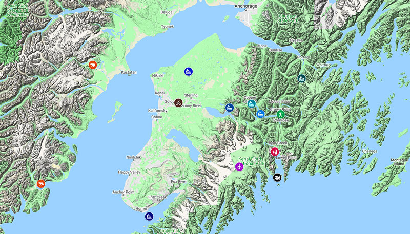 Map showing locations of our Guided Adventures & Day Trips on the Kenai Peninsula